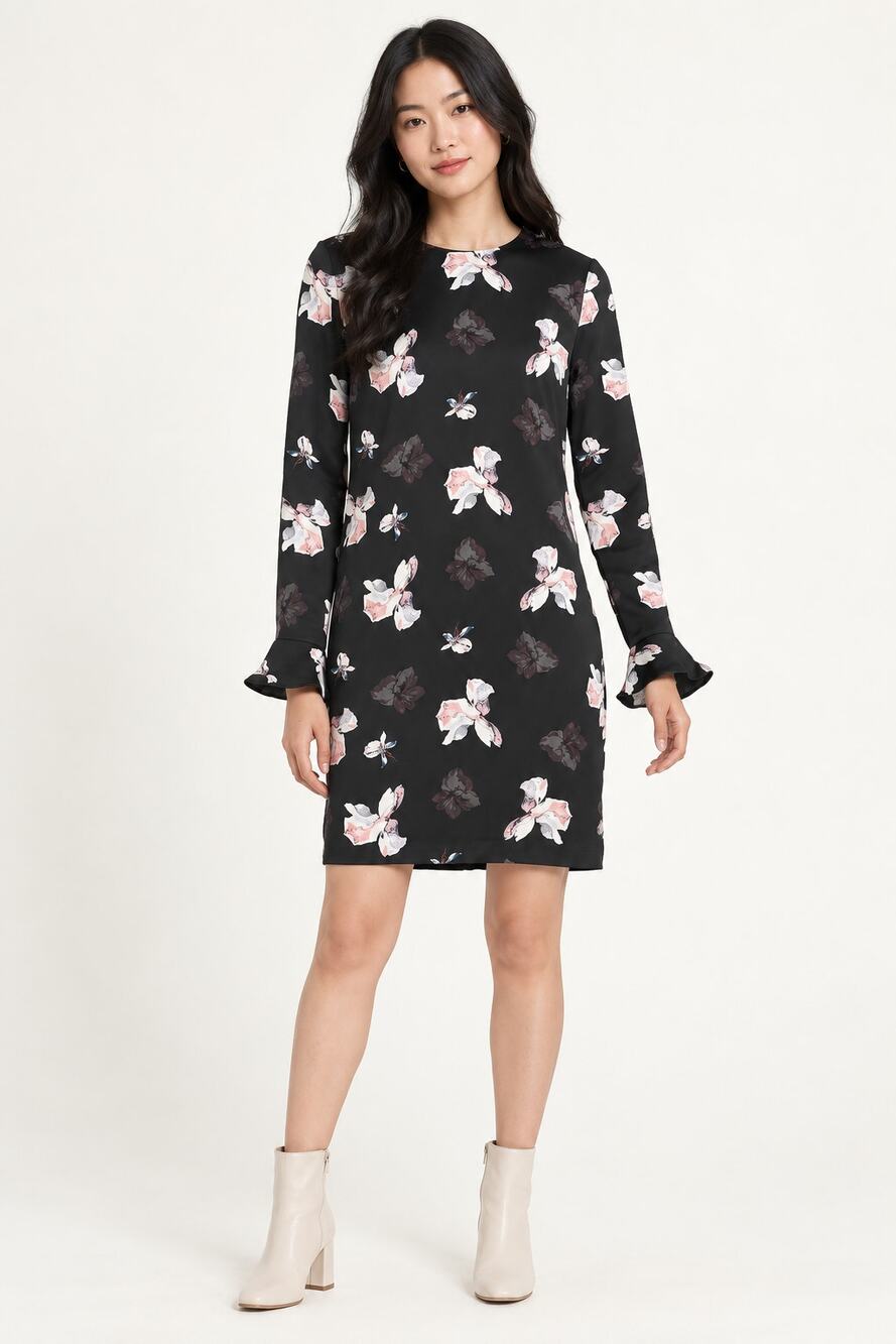 Banana Republic Floral Ruffle Cuff Long Sleeve Mini Dress Womens 0 Black White
